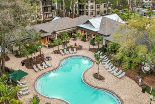 aerial view of landscaped pool area with lounge chairs 